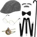 SATINIOR 1920s Old Man Costume for Adults Gangster Grandpa Accessories Set (Grey Stripe Style)