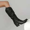 UTIKLIOU Women's Knee High Boots Wide Calf Slouchy Boots Low Heel Pull On Round Toe (6, Black-1)