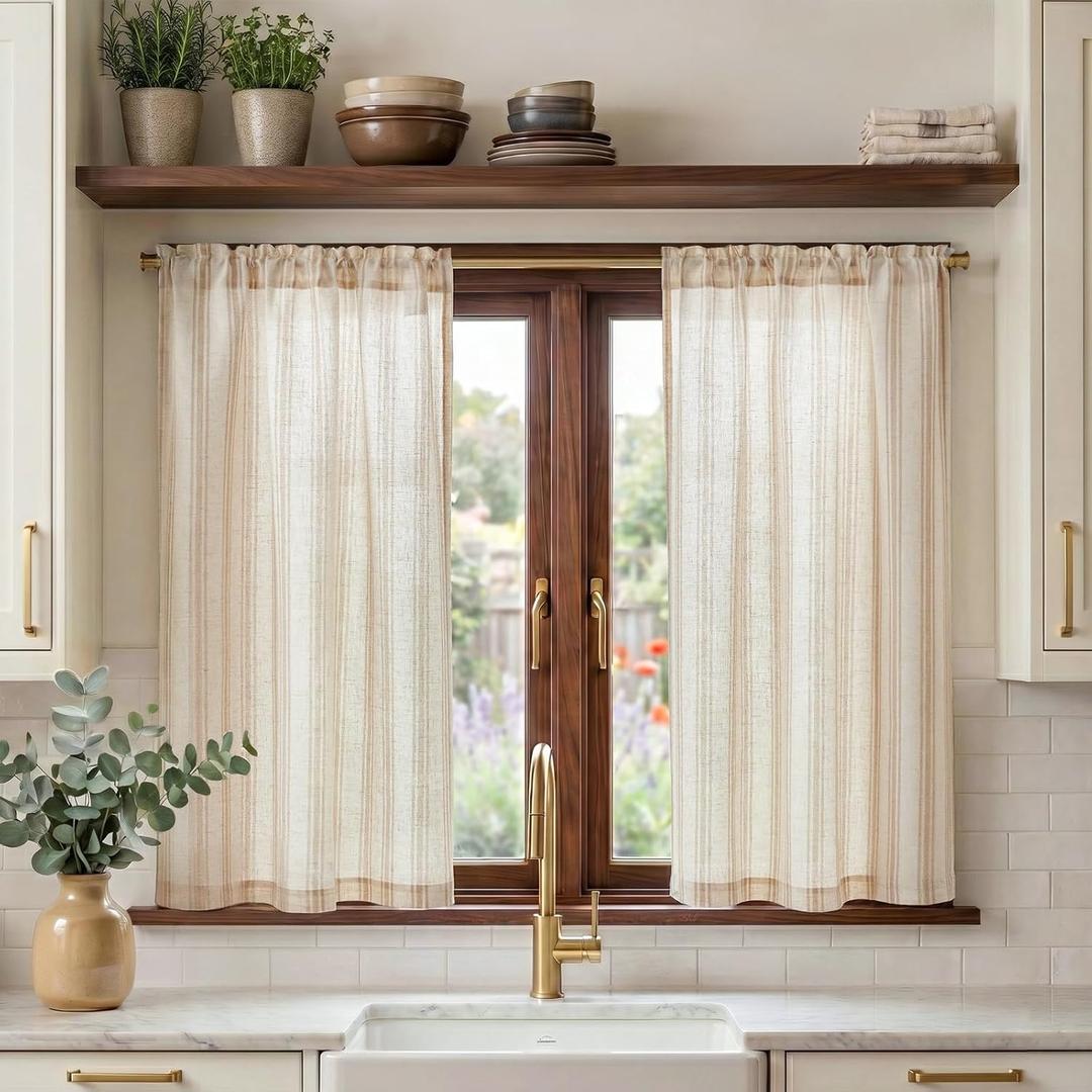 jinchan Taupe Striped Linen Kitchen Curtains 45 Inch Cafe Tier Curtains Balanced Stripe Farmhouse Small Drapes for Bathroom Laundry Over Sink Half Window Light Filtering 2 Panels Tan on Linen
