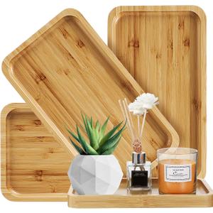 3 Pcs Bamboo Tray for Bathroom Bamboo Vanity Bathroom Counter Organizer Decorative Tea Serving Tray for Dresser Coffee Table Home Decor Toilet Tank Candle Perfume, 9.8 x 5.7 x 0.78 Inch