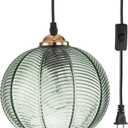 Plug in Pendant Light, Green Glass Pendant Light 14.75ft Hanging Light with Plug in Cord Hand Blown 1-Light Hanging Lamp Plug in Pendant Lighting for Kitchen Bedroom Living Dining Room