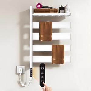Swivel Heated Towel Rack, Wall Mounted Electric Towel Warmer Rack, 4 Square Bars Towel Dryer with Tray, Towel Heater with LED Timer and Temperature Control for Home, Bathroom (G69-White)