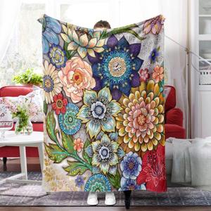 Neasow Floral Fleece Throw Blanket, Vibrant Color Boho Flowers Blossom Cozy Decor Throws for Sofa Bed Couch Chair or Dorm 50×60 inch
