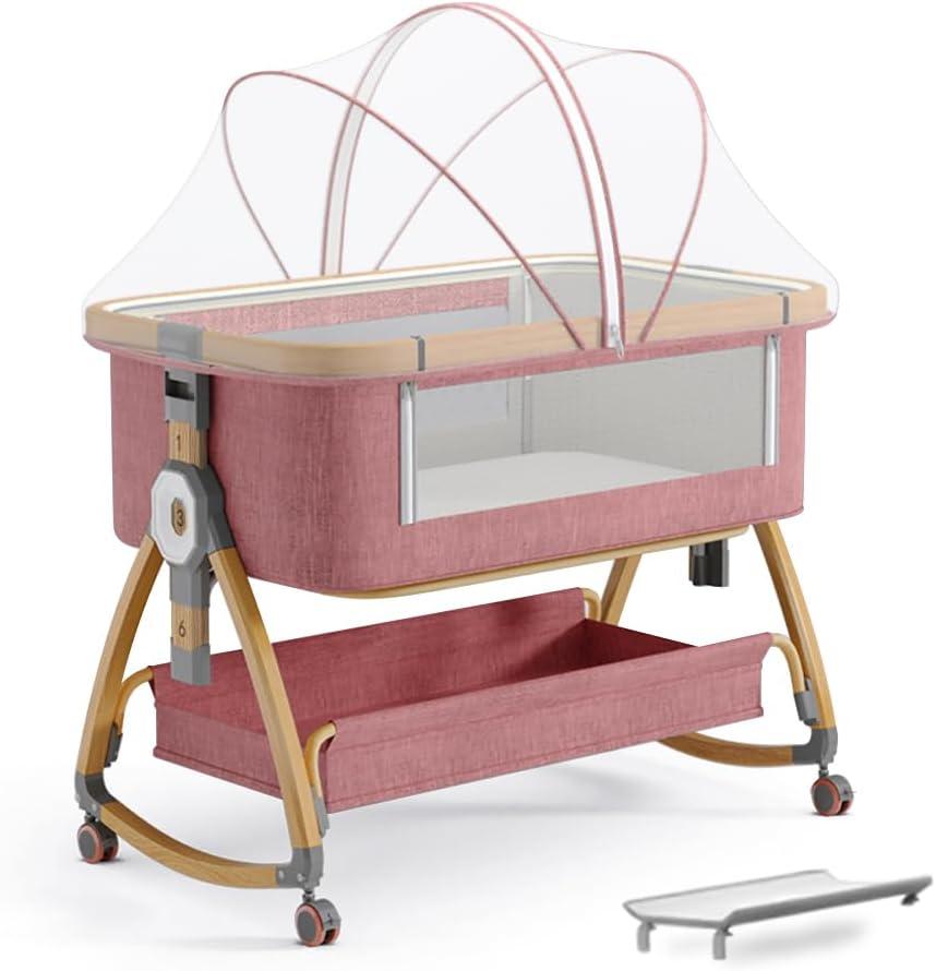 Baby Bassinet, Bedside Bassinet for Baby, 4 in 1 Portable Bassinet Bedside Sleeper with Wheels Mosquito Net & Storage Basket, 6 Height Adjustable Rocking Bassinet for Newborn Baby