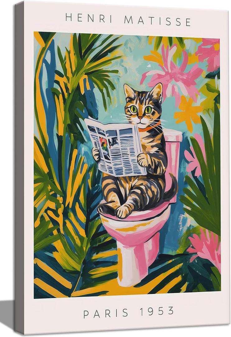 Funny Cat Bathroom Canvas Wall Art, Colorful Tabby Cat on Toilet Wall Art, Animals Reading Canvas Print Artwork, Dopamine Bathroom Wall Decor for Bathroom Toilet Restroom Washroom Home Decor 16x24''