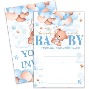 Cute Bear with Balloons Baby Shower Invitations, We Can Bearly Wait Boy Baby Shower Invitation Set, Teddy Theme 4x6 Inch Gender Reveal Party Supplies071