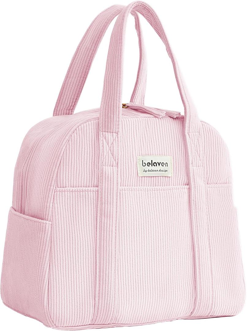 Insulated Lunch Bag for Women, 6-Hour Cold Retention Cooler Tote with Sturdy Handle, 15-Can Spacious Capacity, Leakproof Corduroy Fabric & Aluminum Foil Lining, (Pink)