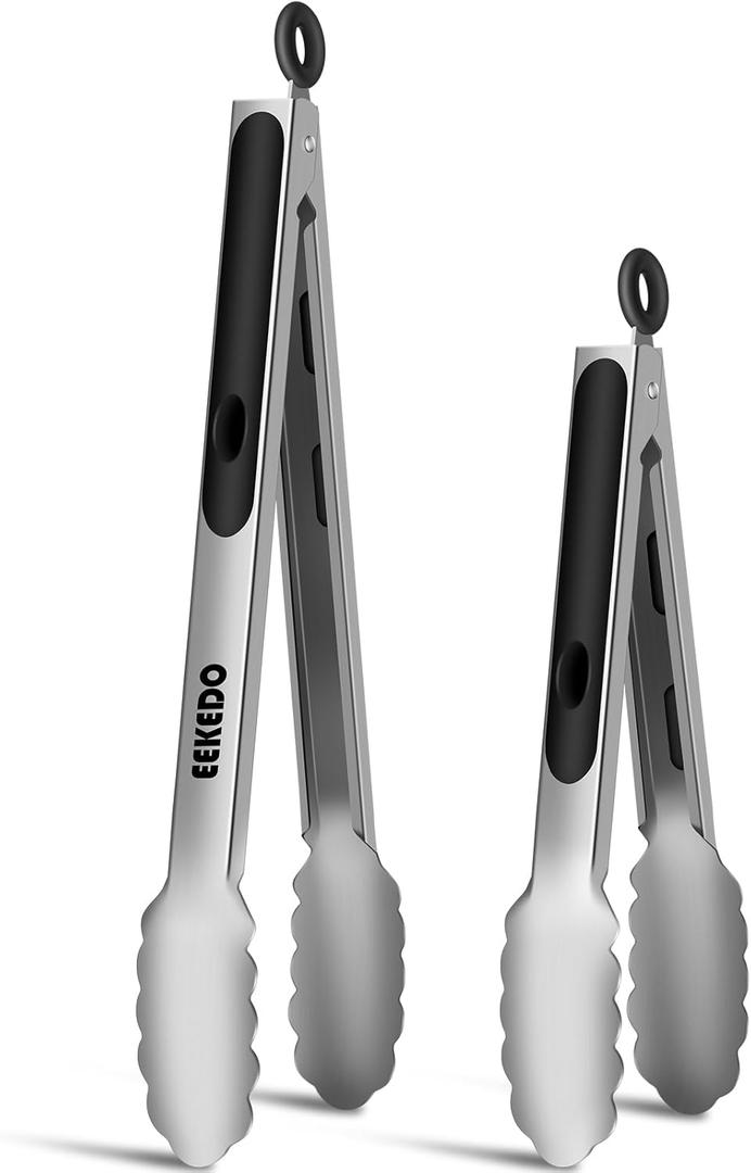2 x Stainless Steel Tongs for Cooking, Heat Resistant 600 Degrees Metal Kitchen Tongs with Silicone Grip, Locking Tongs for BBQ, Grilling, Serving, Salad, Dishwasher, Set of 2(9" and 12")