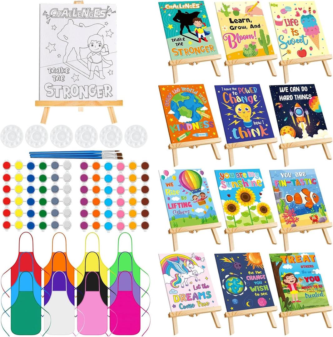 Ireer 12 Set Kids Paint Party Set 8 x 10 Sip and Paint Kit Include 12 Printed Pre Drawn Canvas Panel, Wooden Easels, Palettes, Pots, Apron 36 Brushes for Adult Student DIY Art Party(Inspirational)