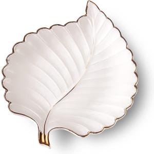 Ceramic Jewelry Trays Trinket Dish Ring Dish Ceramic Candy Plate Snack Plate Leaf Shaped Dish (White, Medium) (10.5" x 8" x 1.2")