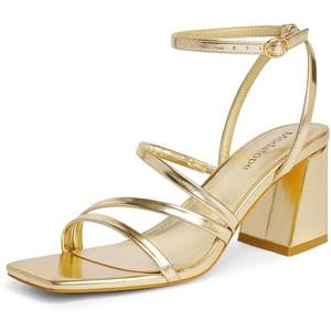 Modatope Women Gold Heels Strappy Chunky Heels for Women Gold Prom Shoes Open Toe Ankle Strap Chunky Block Heeled Sandals Size 11