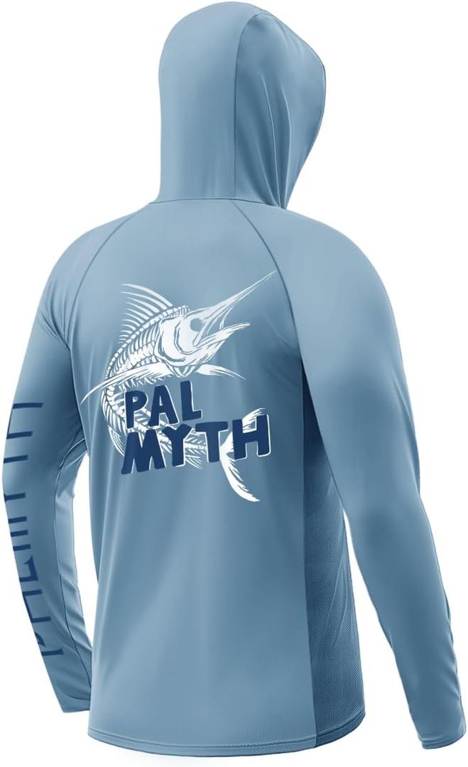 Palmyth Fishing Shirts for Men UPF 50+ Sun Protection Hoodie Long Sleeve with UV Vented Neck Gaiter (Large, Airy Blue / Marlin Bone)