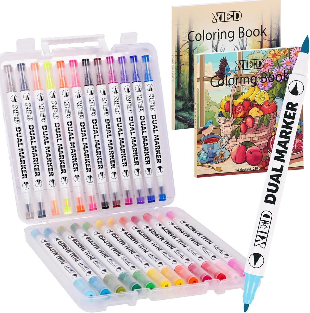 24 Colors Alcohol Markers & 2 Pack Coloring Book Set for Adults to Relax and Relieve Anxiety, included 24 * 2 Themes Designs