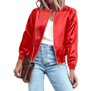 Zeagoo Women's Bomber Jacket Lightweight Zip Up Jacket Casual Striped Jacket Coat Outerwear Windbreaker with Pockets (Red, M)