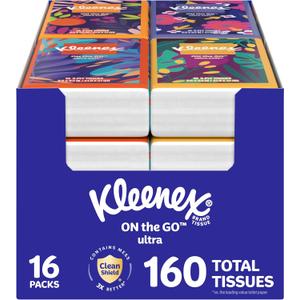 Kleenex On-The-Go Facial Tissues, 16 On-The-Go Packs, 10 per Box, 3-Ply (160 Total)