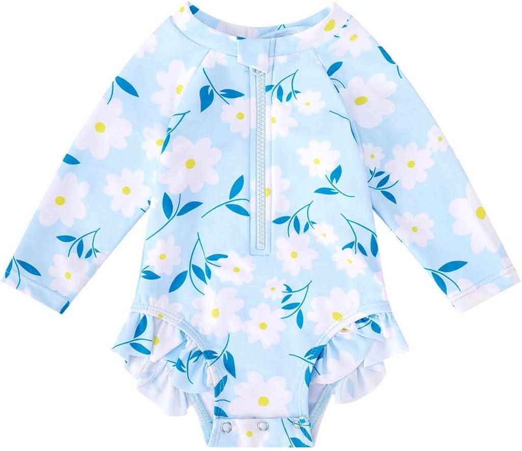 BMCiTYBM Baby Girls Swimsuits Long Sleeve Zipper One Piece UPF 50+ Sun Protection 3-6 Months Swimwear Rash Guard Blue Size 3-6 Months