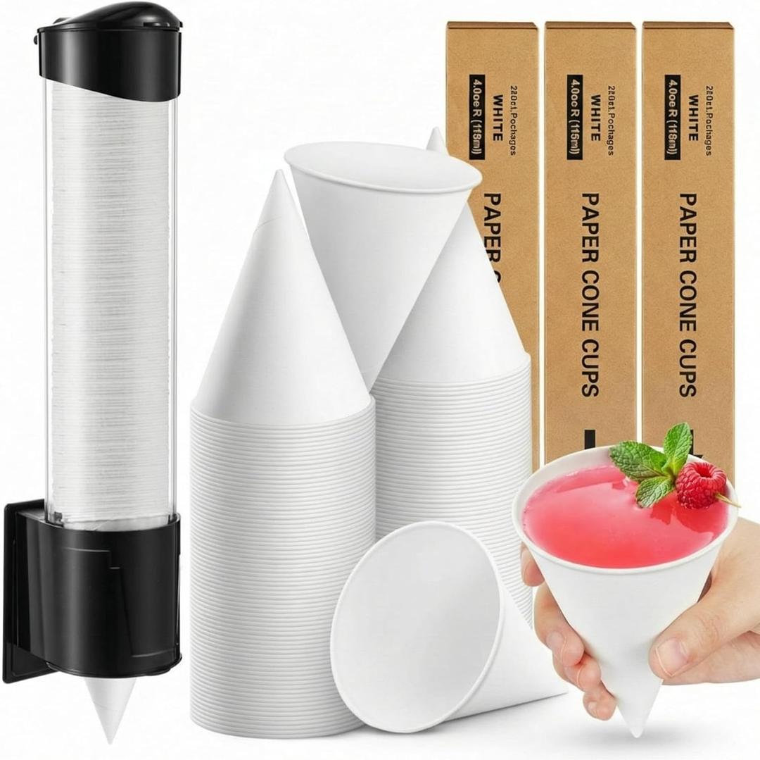 Roshtia 200 Pcs 4 oz Snow Cone Cups Paper Thicken Disposable with 1 Cups Dispenser Pull Type Wall Mount Cup Holder Paper for Restaurants, Home, and Office, and Shaved Ice, Cold (White)