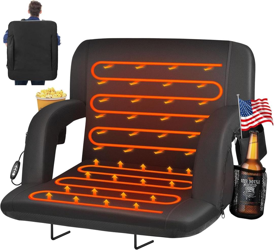 HOPERAN Heated Stadium Seats for Bleachers with Back Support and Wide Cushion, Extra Portable Bleacher Seat Foldable Stadium Chair, USB 3 Levels of Heat, 5 Pockets for Outdoor Camping Games Sports (21", 1pc Black)