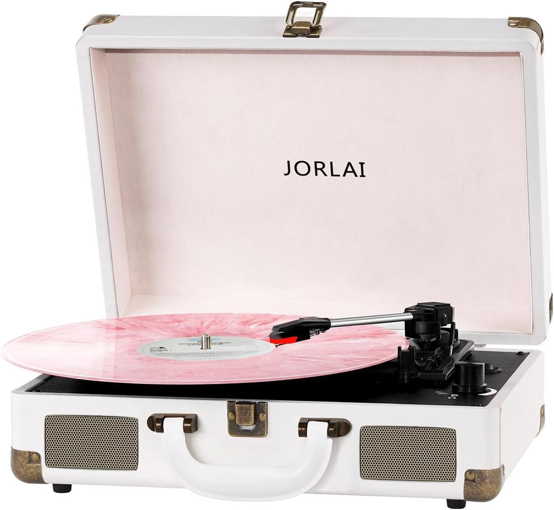 Record Player 3 Speeds Turntable with Bluetooth Built-in Battery Stereo Speakers Vintage Record Player Belt Driven Portable Suitcase PC Recording White