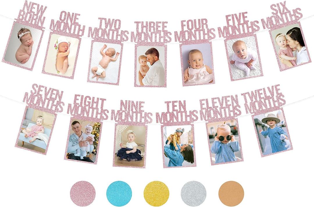 PartyHooman 1st Birthday Photo Banner for Baby from Newborn to 12 Months, 1st Birthday Decorations Girl Monthly Milestones Garland | 1 Year Old First Photo Banner Pre-strung with Frame (Rose Gold)