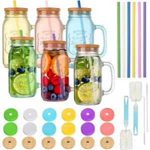 6 Pack Mason Jars with Handle, 24 OZ Colorful Drinking Glasses with Lids and Straws, Mason Jar Cups Smoothie Cups for Iced Coffee, Smoothie, Overnight Oats Containers