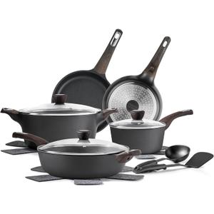SENSARTE Pots and Pans Set Non stick, Non toxic Healthy Induction Cookware Sets, 14 Pcs Non Stick Kitchen Cooking Set with Frying Pans Set & Saucepan, PFOA PFOS Free, Black (Large)