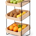LIBKEN 3Tier Wooden Fruit Basket – Rubberwood Countertop Produce Storage with Metal Frame – Minimal Scandinavian Design Fruit Stand for Kitchen Counter, Space-Saving Tiered Basket Organizer