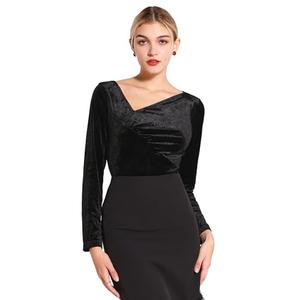 Hobemty Women's Slim Fitted Party Top Asymmetrical Ruched Neck Long Sleeve Velvet Blouse Medium Black, M