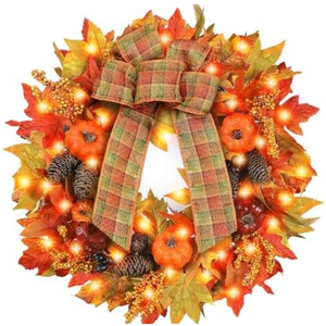 Fall Door Wreaths with Lights, 24 inch Large Farmhouse Pumpkin Wreath with Bow for Autumn Wreaths for Front Door Outside Table Centerpiece Thanksgiving Harvest Decor