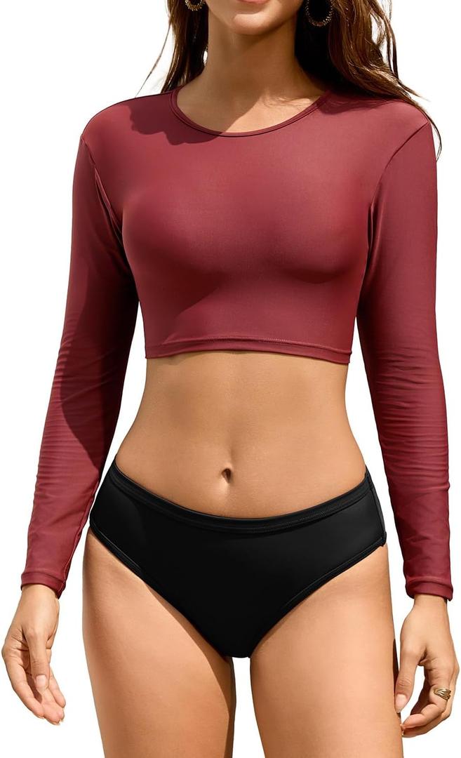 Cromi Women Two Piece Long Sleeve Swimsuits Rash Guard Bathing Suit Sun Protection Crop Top with Swim Bottom (Medium, Burgundy/Black)