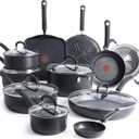 T-fal Ultimate Hard Anodized Nonstick Cookware Set 17 Piece, Oven Broiler Safe 400F, Lid Safe 350F, Kitchen Cooking Set w/Fry Pans, Saucepans, Saute Pan, Griddle, Pots and Pans, Dishwasher Safe Black
