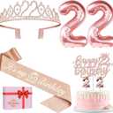 22nd Birthday Decorations for Women, Include 22nd Birthday Sash and Tiara, Cake Topper and Candles, Number Balloons, 22 Year Old Gifts for Her