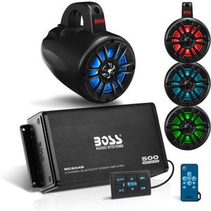 BOSS Audio Systems UNI4RGB ATV UTV Marine Boat IPX5 Weatherproof 4 Inch Stereo Wake Tower Speakers (x4) And 4 Channel Weatherproof Bluetooth Amplifier