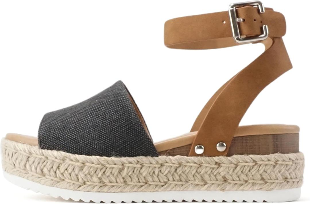 Soda Topic Open Toe Buckle Ankle Strap Espadrilles Flatform Wedge Casual Sandal (7, Black Canvas/Tan)