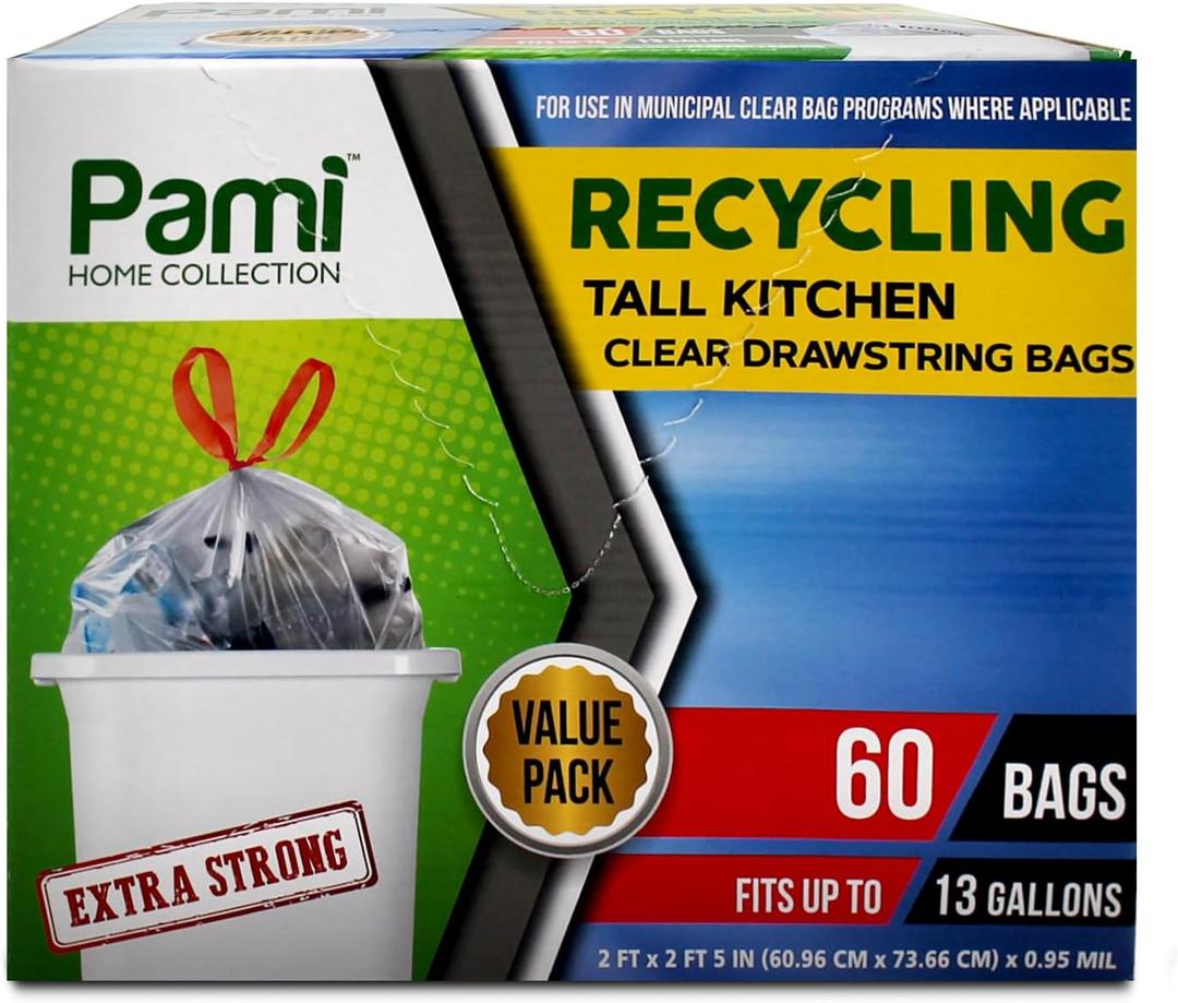PAMI Recycling Tall 13-Gallon Kitchen Drawstring Trash Bags- Extra-Strong Plastic Garbage Bags [Clear 60 Pack]- Thick Trash Can Liners For Kitchen & Outdoor Bins- 2ft x2ft Unscented Trash Bags