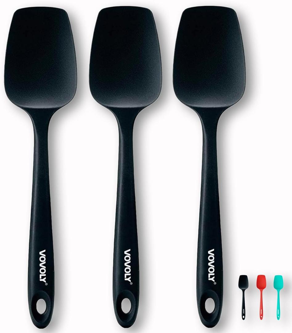 Silicone Spatula Set, High Heat Resistan Rubber Spoon Spatula, Non-Stick Spoonula with Seamless One Piece Design, Flexible Scrapers Baking Mixing Tool, 3 Pack, Black