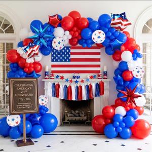 Patriotic Red White and Blue Balloon Garland Arch Kit for America's 250th Anniversary, Star Print & Flag Foil Balloons, Tissue Paper Tassels Banner for 4th of July, Independence Day，Memorial Day decor