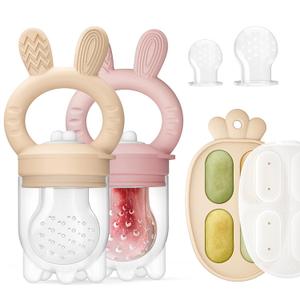 2 Packs Baby Fruit Feeder & Freezer Tray Combo, Push Pop Baby Food Feeder to Safely Introduce New Foods, Fresh & Frozen Food Silicone Feeder, 100% Food Grade, BPA Free (Caramel & Pink)