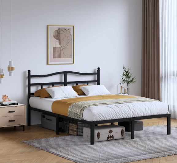 14 Inch Metal Bed Frame - Queen Size Heavy Duty Bedframe with Headboard Black Basic Steel Slats Platform No Box Spring Needed/Easy Assembly/Noise Free