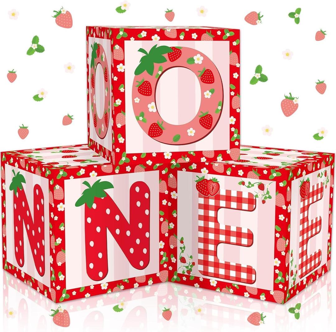 chiazllta 3Pcs Strawberry 1st Birthday Party Decorations Supplies Strawberry Themed One Balloon Boxes Backdrop Blocks Decor Berry First Red One Birthday Party Decoration for Kids Girls Baby Shower