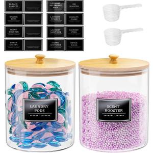 HomePekite 2 Pack Glass Laundry Pods Container, Clear Laundry Room Organization Containers with Lids & Labels, Powder Laundry Detergent Container for Scent Booster, Powder