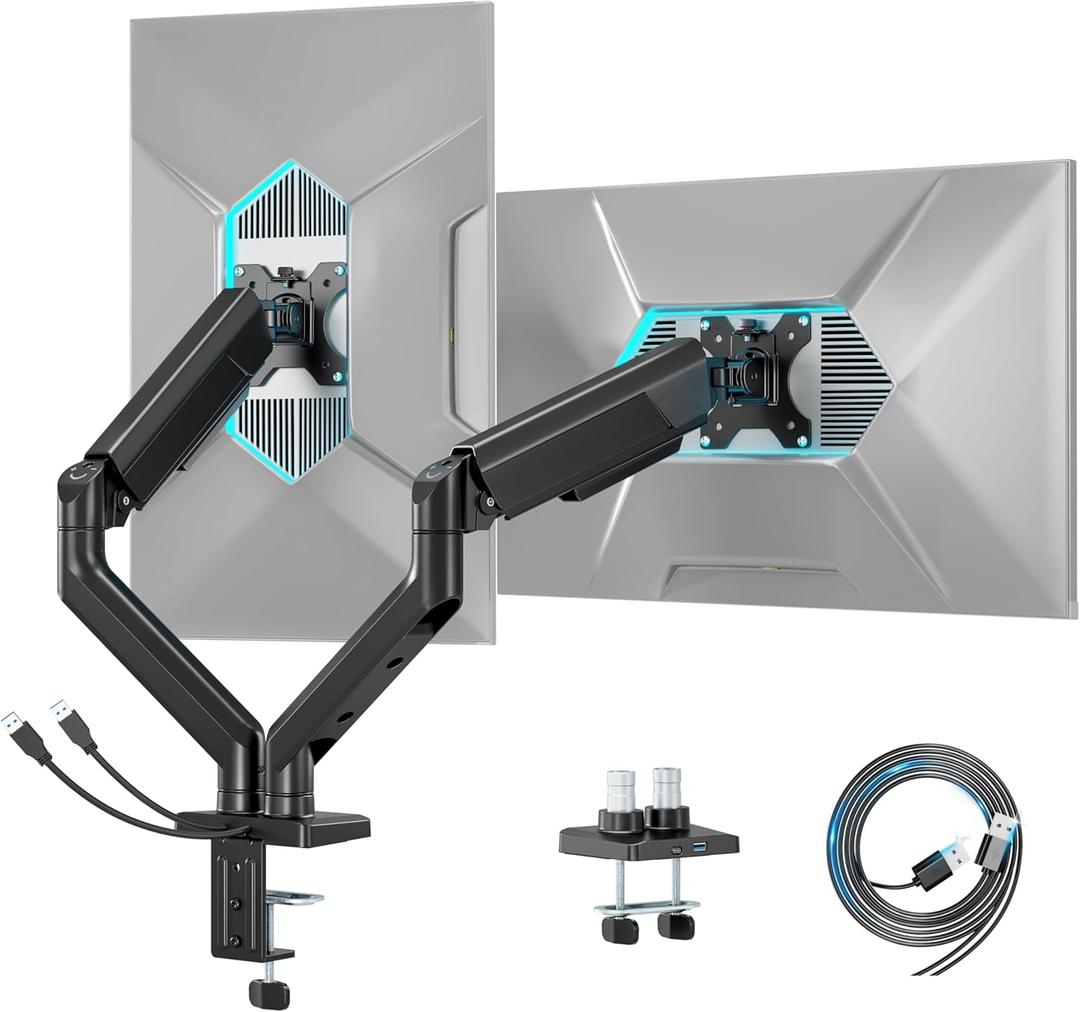 ARES WING Dual Monitor Mount, Heavy Duty Monitor Arms for 2 Monitors for 17-35 Inch, Fully Adjustable Monitor Desk Stand with USB A/C for Ultrawide Screen, VESA 75x75 or 100x100mm, Black