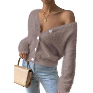 Pink Queen Women's Furry Cropped Cardigan Batwing Sleeves Open Front V-Neck Button Down Loose Casual Knit Sweater Coat (Large)