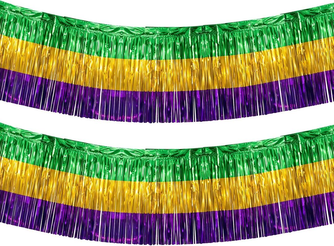 2 Pack 29x108 Inch Mardi Gras Table Skirts Metallic Foil Fringe Table Skirts for Wedding,Birthday, Mardi Gras Decorations (2 Ps)