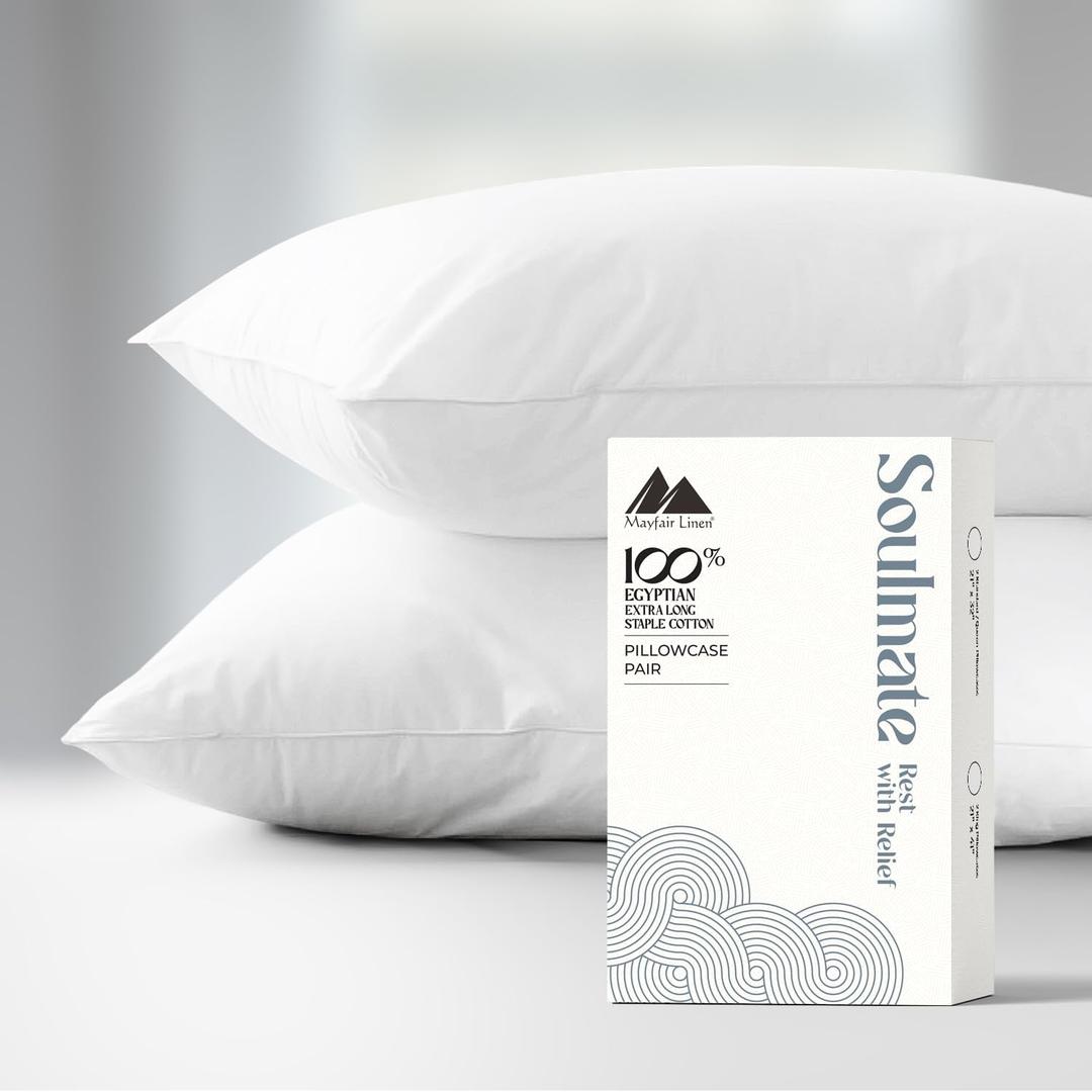 Mayfair Linen 100% Egyptian Cotton King Size Pillow Cases Set of 2 - Luxury 500 Series Soulmate Collection Cotton Pillowcases King Size (White), Silky Soft, Cooling & Breathable Pillow Covers