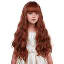Girls Dark Orange Wig Kids Long Dark Orange Wig with Flat Bangs for Girls Child Wavy Curly Wigs Heat Resistant Synthetic Wigs with Cap