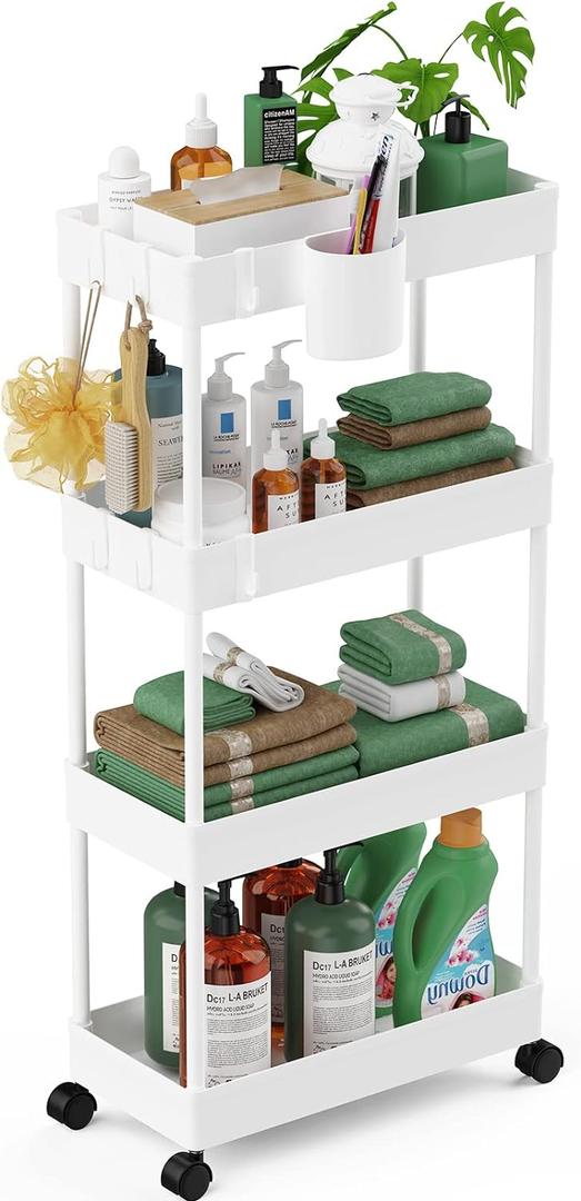 LEHOM Slim Rolling Storage Cart - 4 Tiers Bathroom Organizer Utility Cart Slide Out Storage Shelves Mobile Shelving Unit for Kitchen, Bedroom, Office, Laundry Room, Small Narrow Spaces (7.1" W+White)