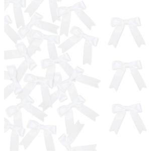 Meseey 100 Pcs White Satin Ribbon Bows with Twist Tie 2.5 Inch Pretied Premade Colored Craft Bows for Gift Wrapping Basket Wedding Baby Shower Brithday Party (White)