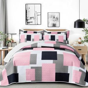 Tyrot 2 Piece Pink Grey Quilt Set Twin Size Pink Gray White Geometric Reversible Bedding Set Microfiber Lightweight Bedspread Coverlet with 1 Sham1 Modern Bed Cover for All Season, 68''x86''