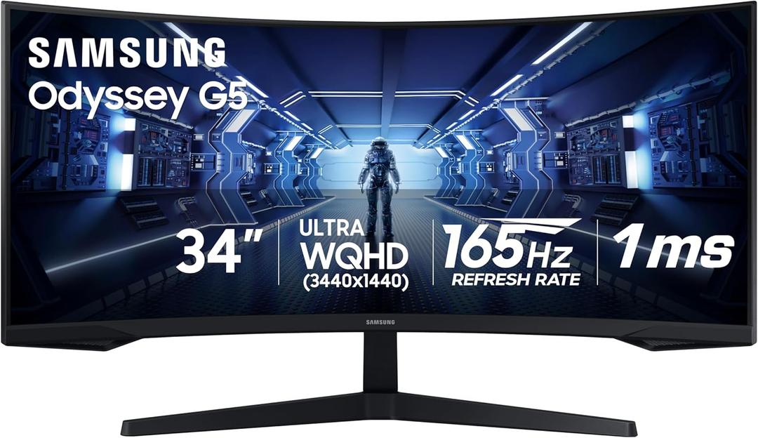 Samsung 34' Odyssey G5 Ultra-Wide Gaming Monitor with 1000R Curved Screen, 165Hz, 1ms, FreeSync Premium, Large Display, Eye Comfort, Multiple Ports, WQHD, LC34G55TWWNXZA, Black